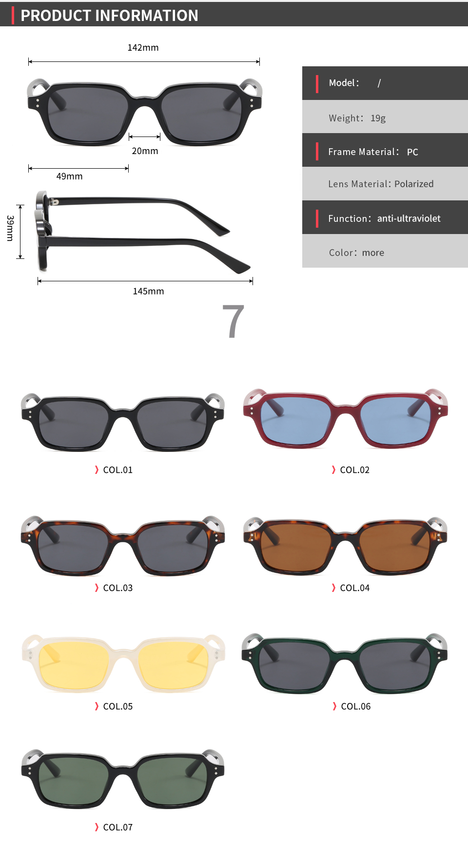 Dimension diagram and color chart for style 54761, including frame and lens information