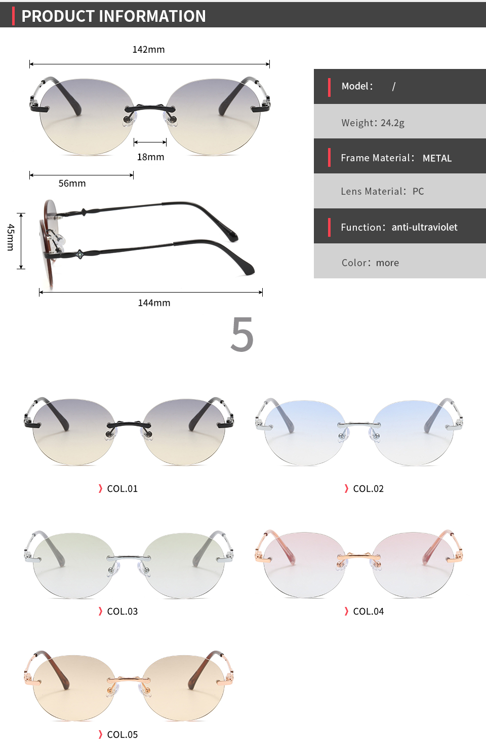 Dimension diagram and product specification sheet for the round Metal frame.
