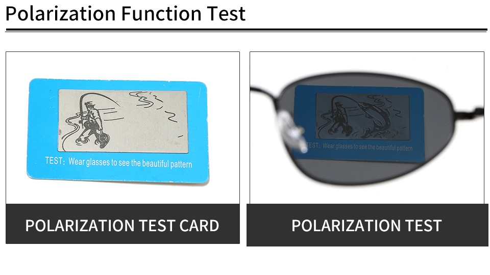 Polarization test card shown alone and through the tinted lens in the product test layout.