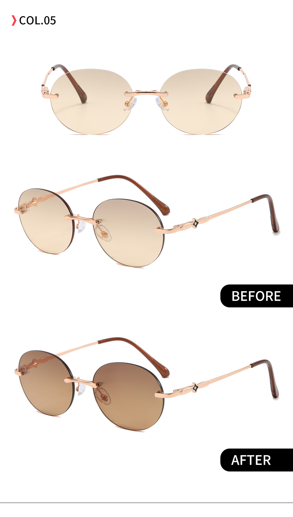 C5 Gold-Brown gradient shown in front and angled views with indoor and UV-darkened lens photographs.