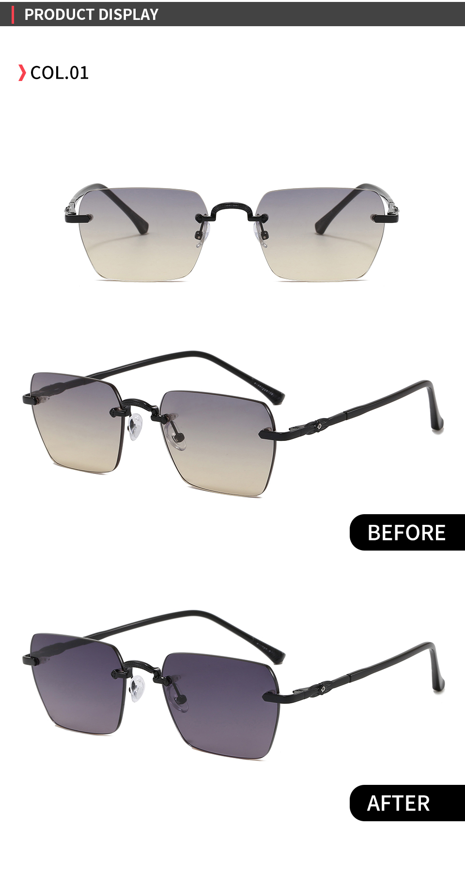 C1 Black-Grey gradient shown in front and angled views with indoor and UV-darkened lens photographs.
