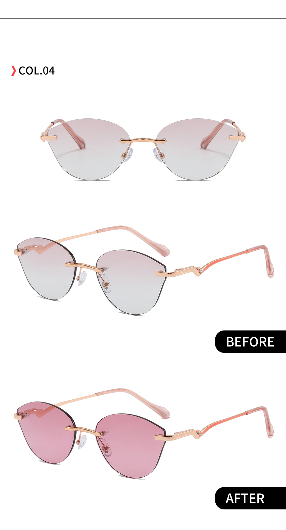 C4 Gold-Pink gradient shown in front and angled views with indoor and UV-darkened lens photographs.