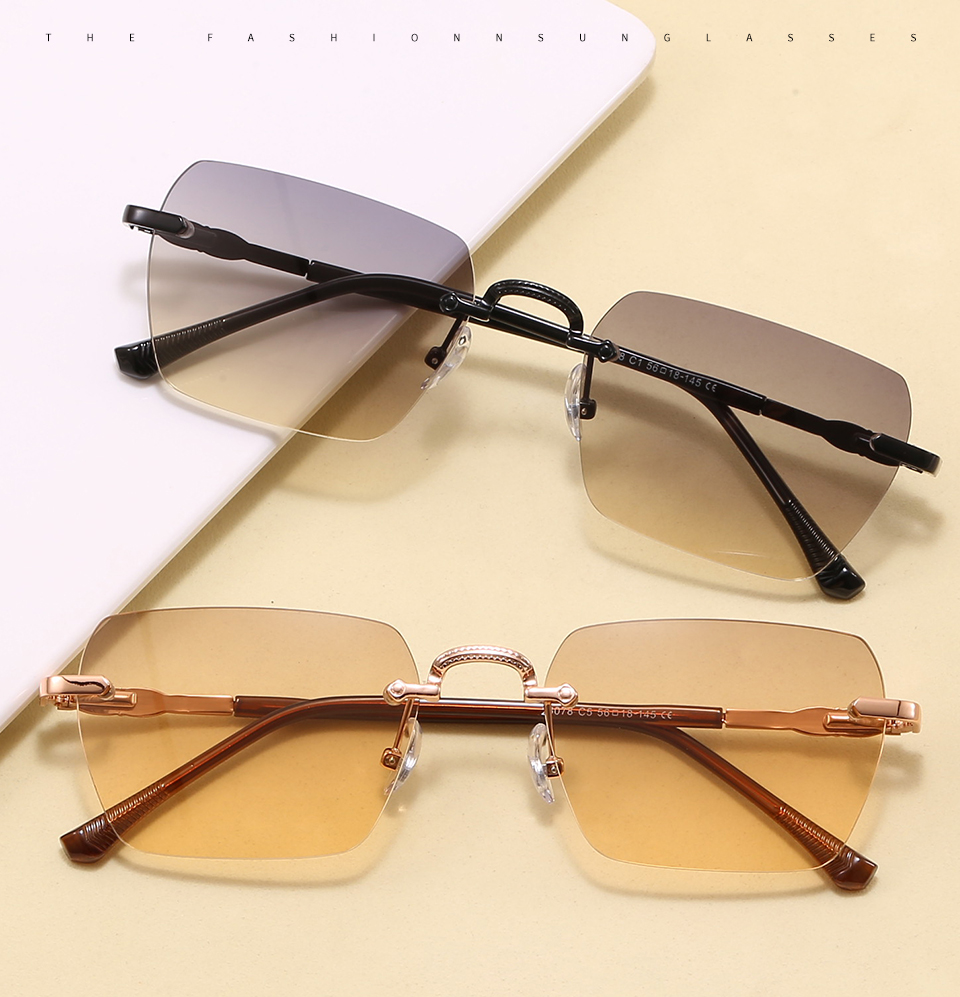 Two folded pairs in a styled tabletop display, showing the frame profile and lens colors.