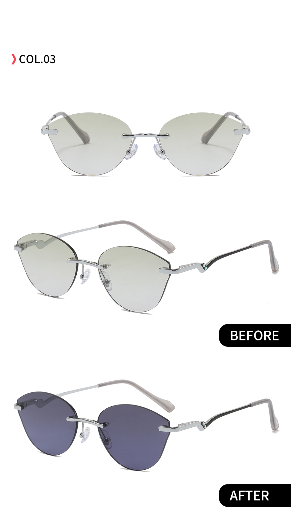 C3 Silver-Green gradient shown in front and angled views with indoor and UV-darkened lens photographs.