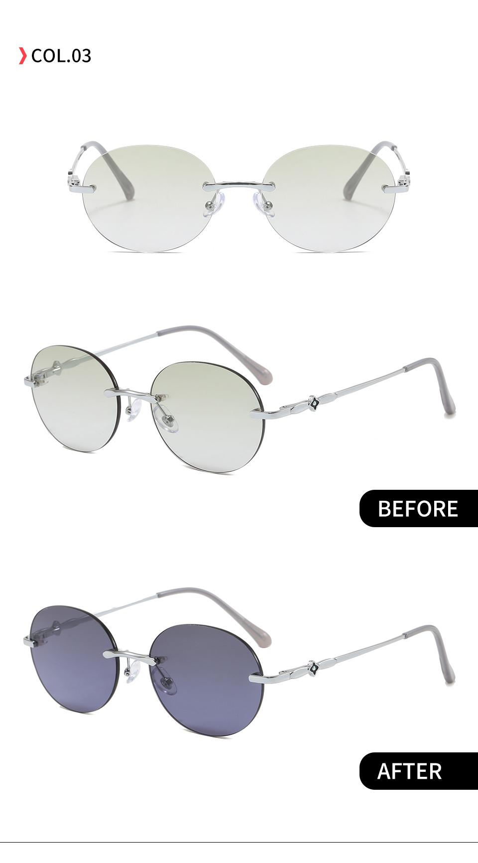 C3 Silver-Green gradient shown in front and angled views with indoor and UV-darkened lens photographs.