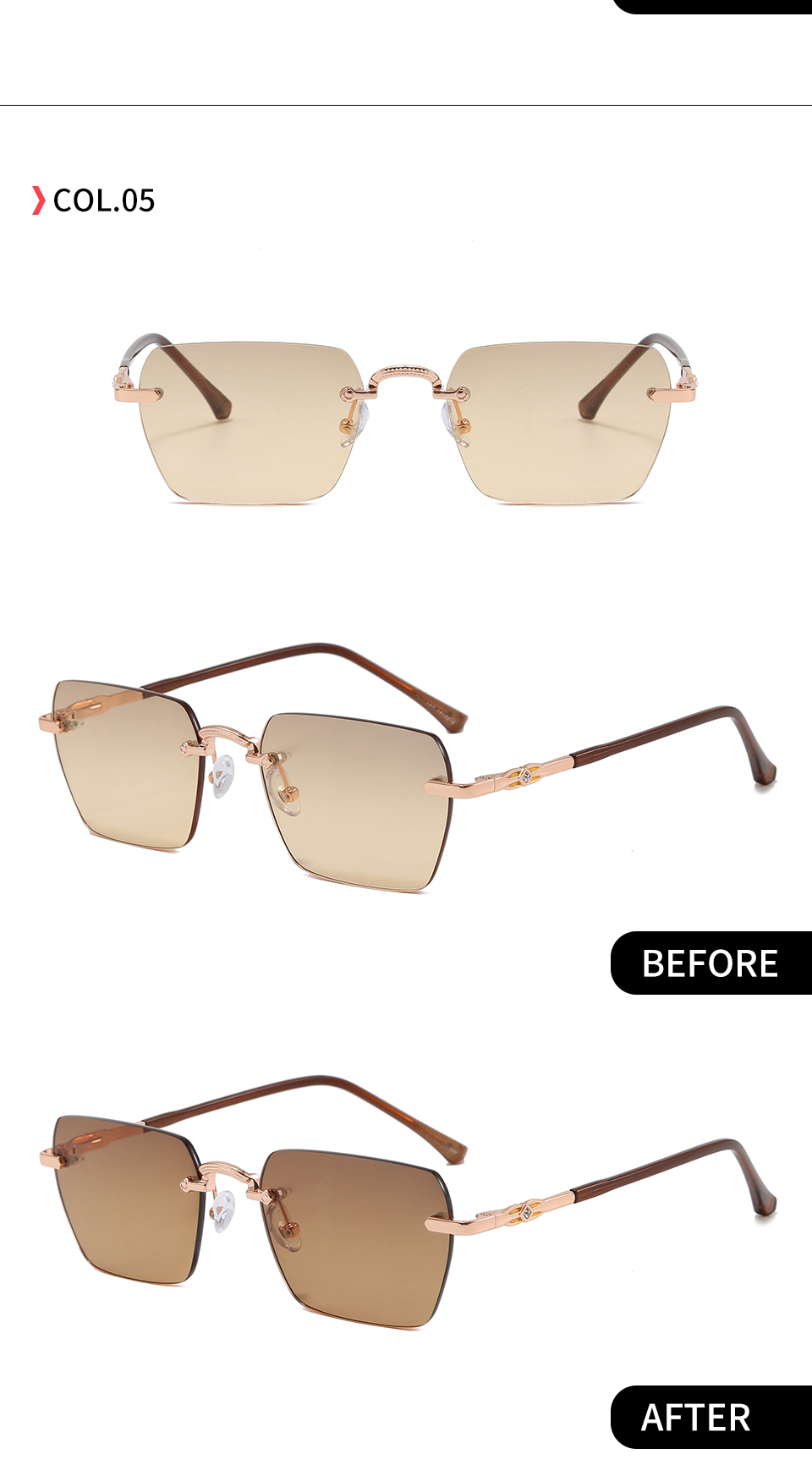 C5 Gold-Brown gradient shown in front and angled views with indoor and UV-darkened lens photographs.