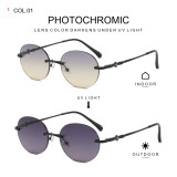 Rimless Round Photochromic Sunglasses with Gradient PC Lenses and Diamond Temple Accents