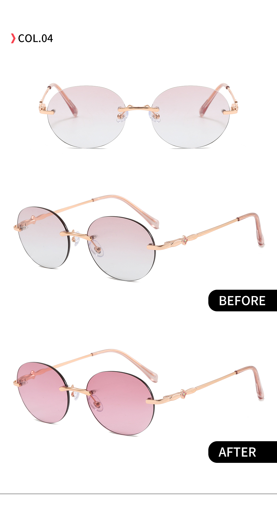 C4 Gold-Pink gradient shown in front and angled views with indoor and UV-darkened lens photographs.