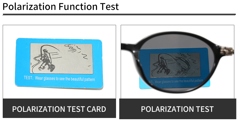 Polarization test card shown alone and through the tinted lens in the product test layout.