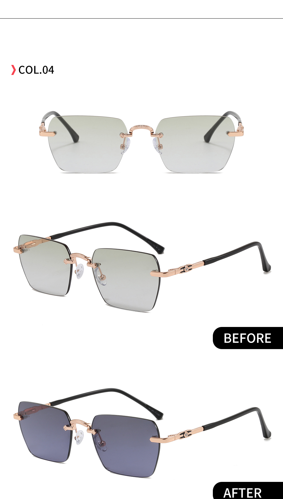C4 Gold-Green gradient shown in front and angled views with indoor and UV-darkened lens photographs.