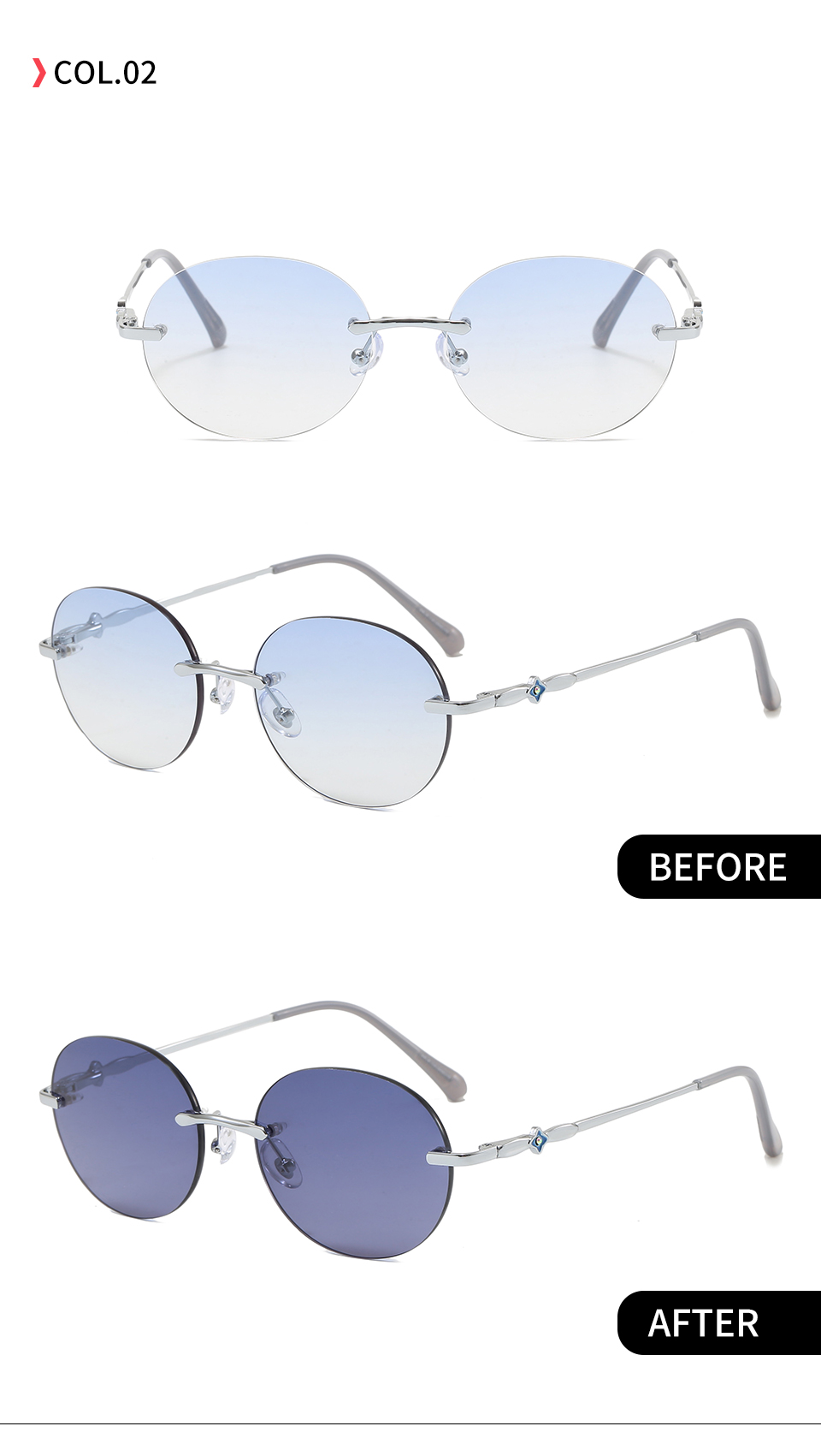 C2 Silver-Blue gradient shown in front and angled views with indoor and UV-darkened lens photographs.