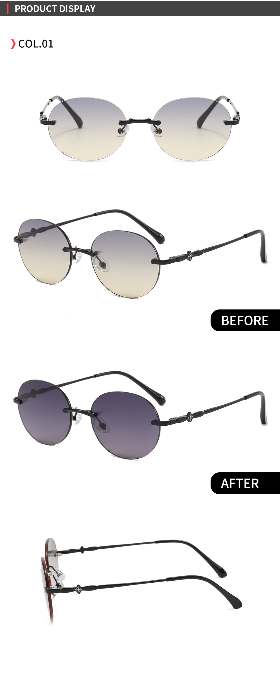C1 Black-Grey gradient shown in front and angled views with indoor and UV-darkened lens photographs.