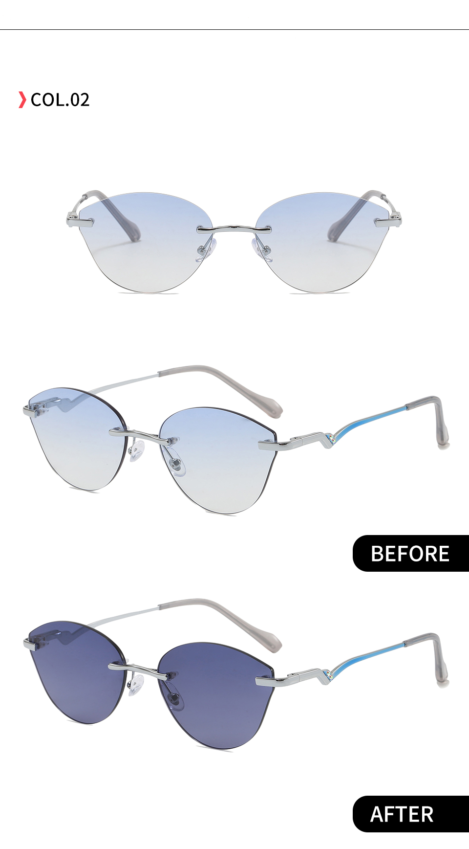 C2 Silver-Blue gradient shown in front and angled views with indoor and UV-darkened lens photographs.