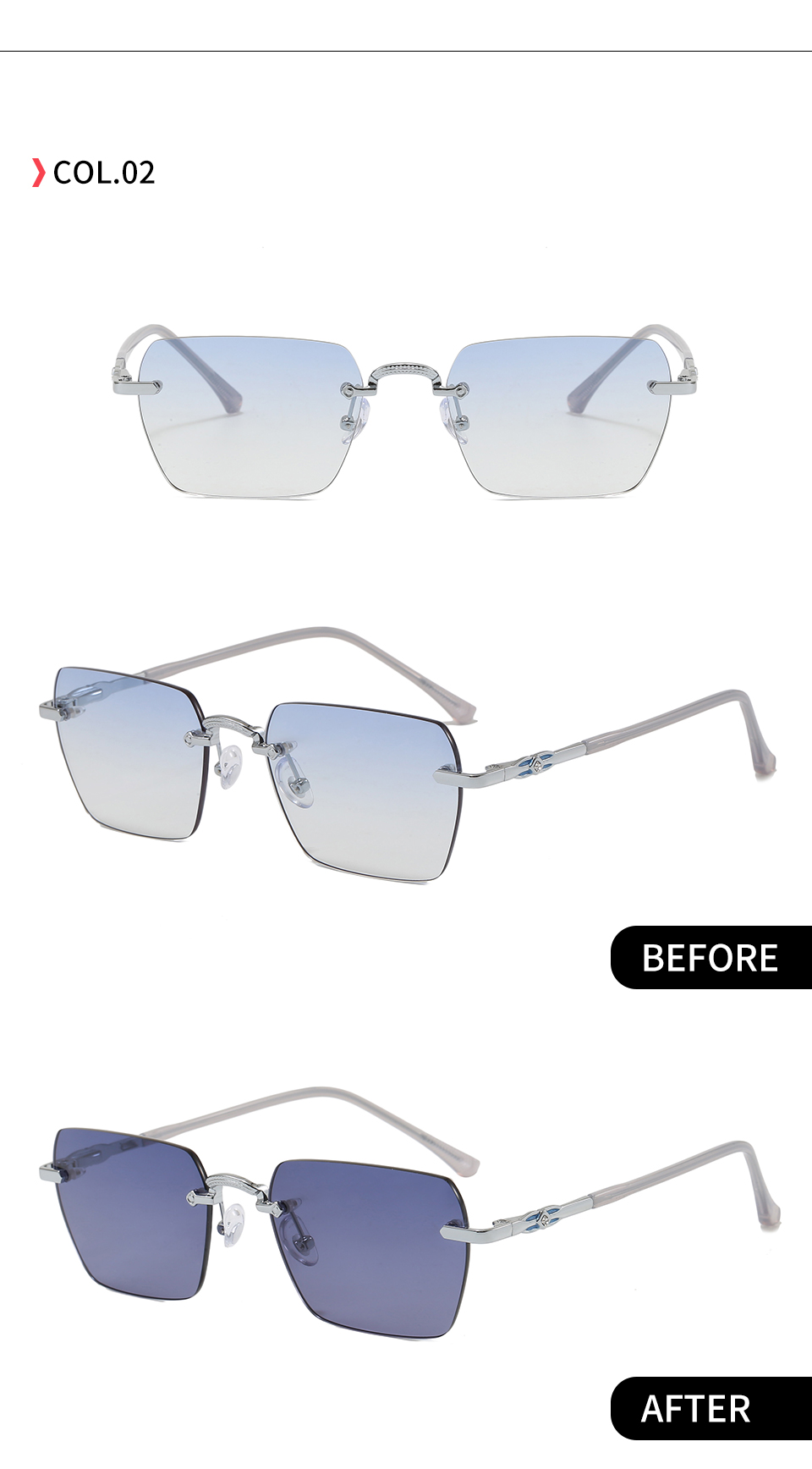 C2 Silver-Blue gradient shown in front and angled views with indoor and UV-darkened lens photographs.