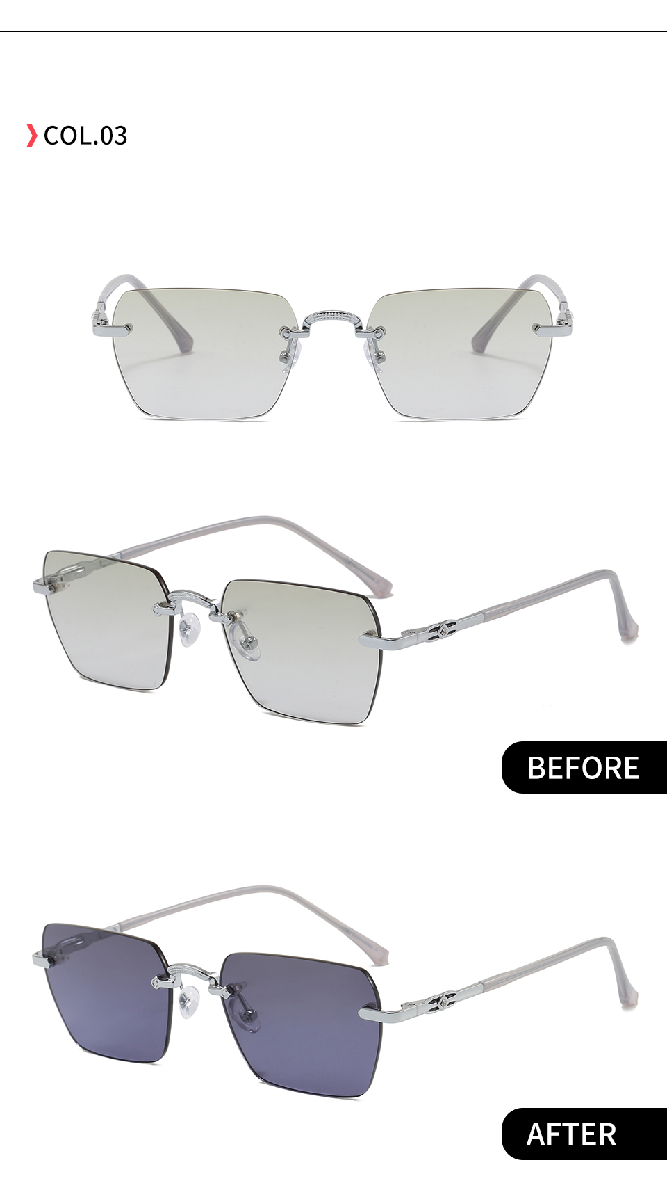 C3 Silver-Green gradient shown in front and angled views with indoor and UV-darkened lens photographs.