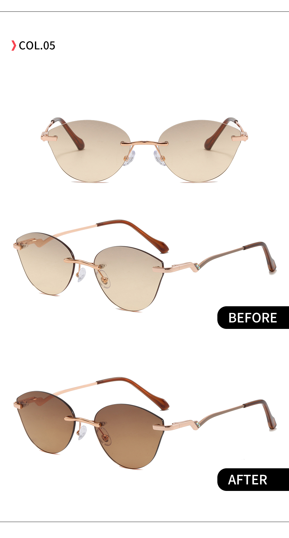 C5 Gold-Brown gradient shown in front and angled views with indoor and UV-darkened lens photographs.
