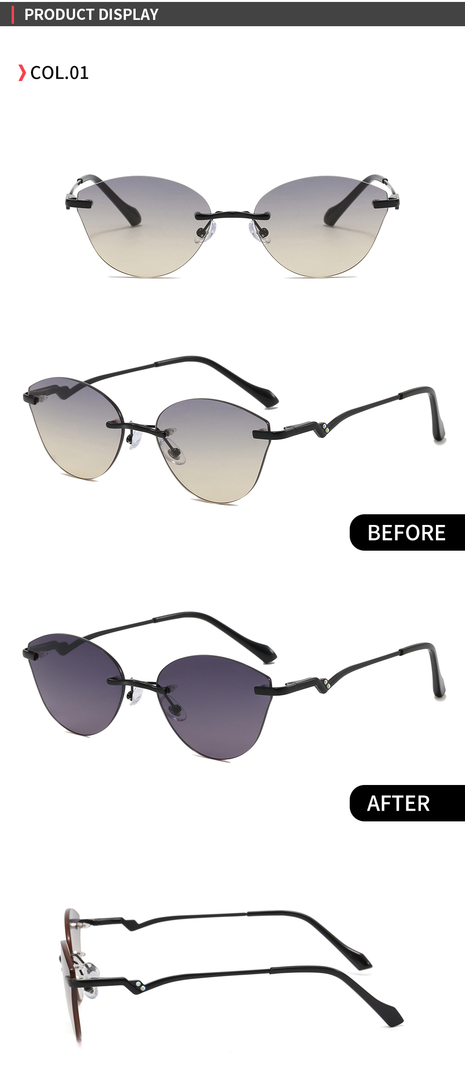 C1 Black-Grey gradient shown in front and angled views with indoor and UV-darkened lens photographs.