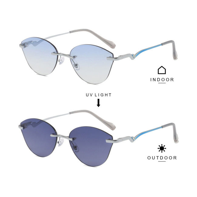 Rimless Cat Eye Photochromic Sunglasses with Gradient PC Lenses and Angular Metal Temples