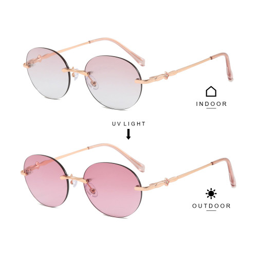 Rimless Round Photochromic Sunglasses with Gradient PC Lenses and Diamond Temple Accents