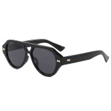 Black oversized flat-top aviator sunglasses with grey lenses and gold diamond accents