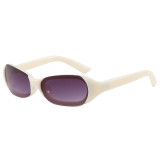 Ivory Y2K oval sunglasses with purple gradient lenses and wraparound lens detail