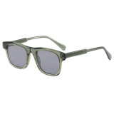 Retro square sunglasses with translucent green acetate frame and grey lenses