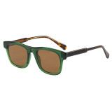 Retro square sunglasses with green acetate frame, tortoiseshell temples and brown lenses