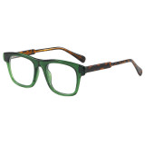 Retro square eyeglasses with green frame, tortoiseshell temples and clear lenses