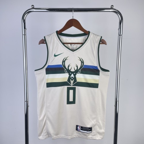 2019 Bucks White NBA Jersey/19赛季雄鹿队米白小鹿头0号利拉德