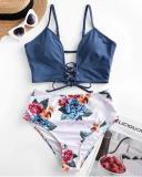 Lace-up Floral Leaf Tankini Swimsuit