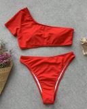 Solid Color Sexy One Shoulder Short Sleeved Bikini