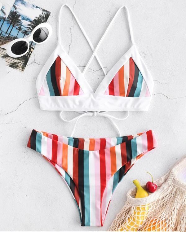Colorful Striped Criss Cross Bikini Set