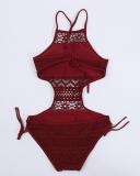 Hollow Out Mesh Lace Up Halter Strapless One Piece Swimsuits