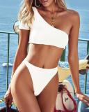 Solid Color Sexy One Shoulder Short Sleeved Bikini