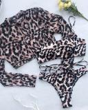 Sexy Leopard Print Three-Piece Bikini Mesh Long Sleeve Sunscreen Swimsuit