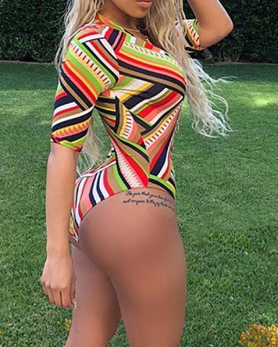 Striped Zipper Front One Piece Swimsuit