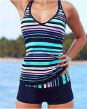 Women's Plus Size Sporty Halter Neck Striped Print Tankini Swimwear