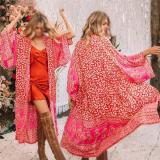 Women's Red Floral Print Holiday Sexy Chiffon Cardigan
