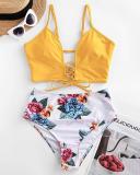 Lace-up Floral Leaf Tankini Swimsuit