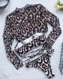 Sexy Leopard Print Three-Piece Bikini Mesh Long Sleeve Sunscreen Swimsuit