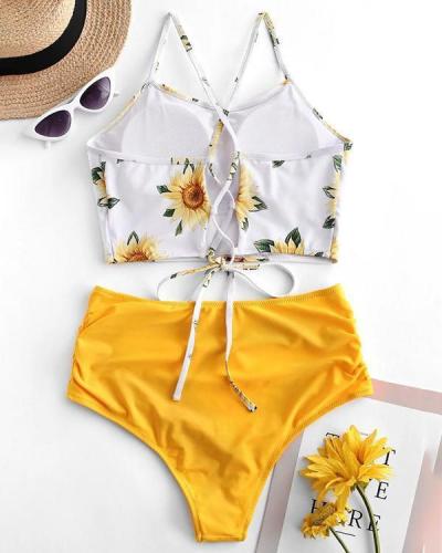 Sexy Swimsuit Sunflower Print High Waist Split Bikini