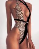 Leopard-print Openwork Lace Up One-piece Swimsuit