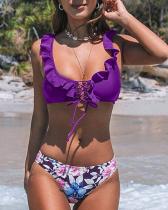Purple Ruffles and Floral Print Bikini Set