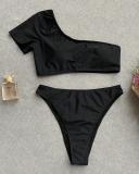 Solid Color Sexy One Shoulder Short Sleeved Bikini