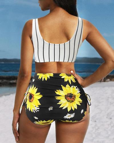 Sexy Cross Bikini Sunflower Print High Waist Lace Up Swimsuit