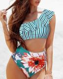 One-shoulder Ruffled Striped Swimsuit