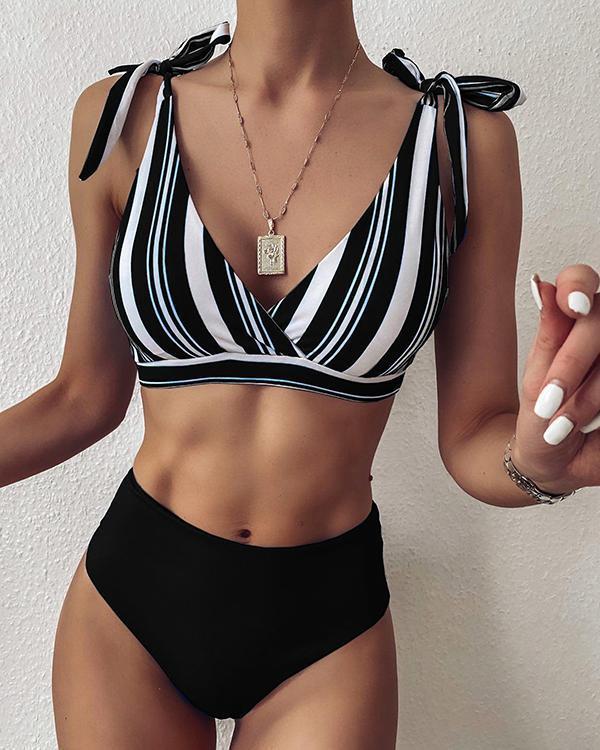 Striped Lace-up High Waist Bikini