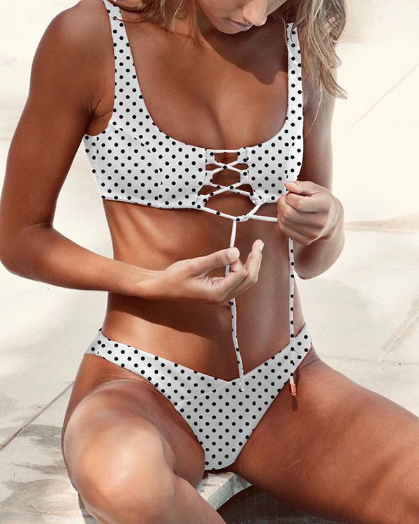 Sexy Dot Print Swimsuit Lace Up Bikini