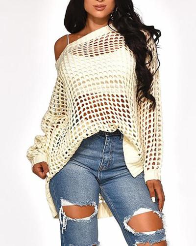Solid Long Sleeve Hollow Out Sweater Cover Up