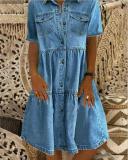 Sky Blue Denim Daily Casual Shirt Collar Short Sleeve Buttoned Pockets A-line Dresses